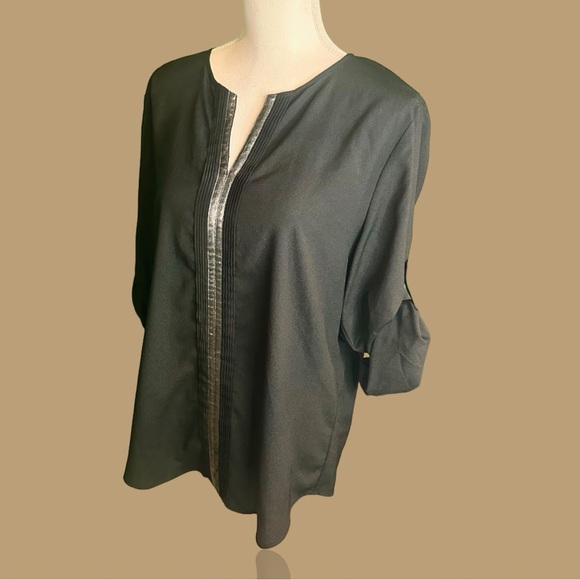 Calvin Klein Black & Silver Metallic Roll Tab Sleeve Notch Neck Blouse Size L - Picture 4 of 9